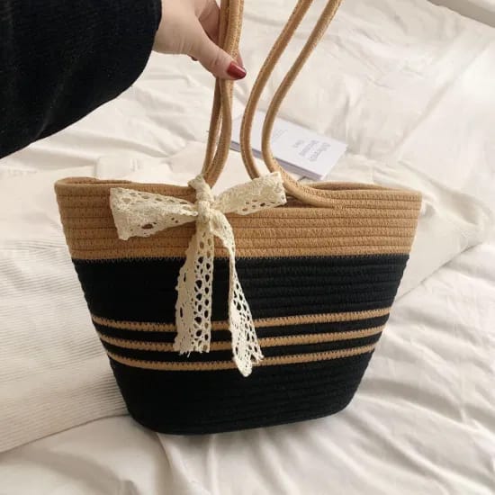 eco friendly handmade women jute strap bag beige blk strap