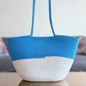 cotton rope/ jute /small dry grass/natural cane/chic dry grass bag/cotton rope woven bag for women vibrant cotton rope handbag chic large tote for women,stylish carryall & shoulder blue white bag