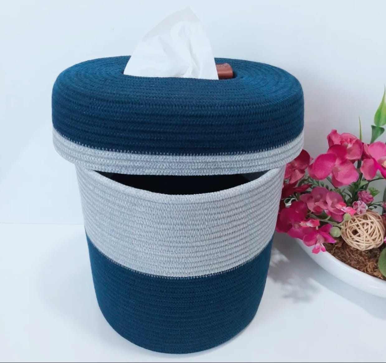 braided blue set of basket & tissue box braided blue set of basket & tissue box