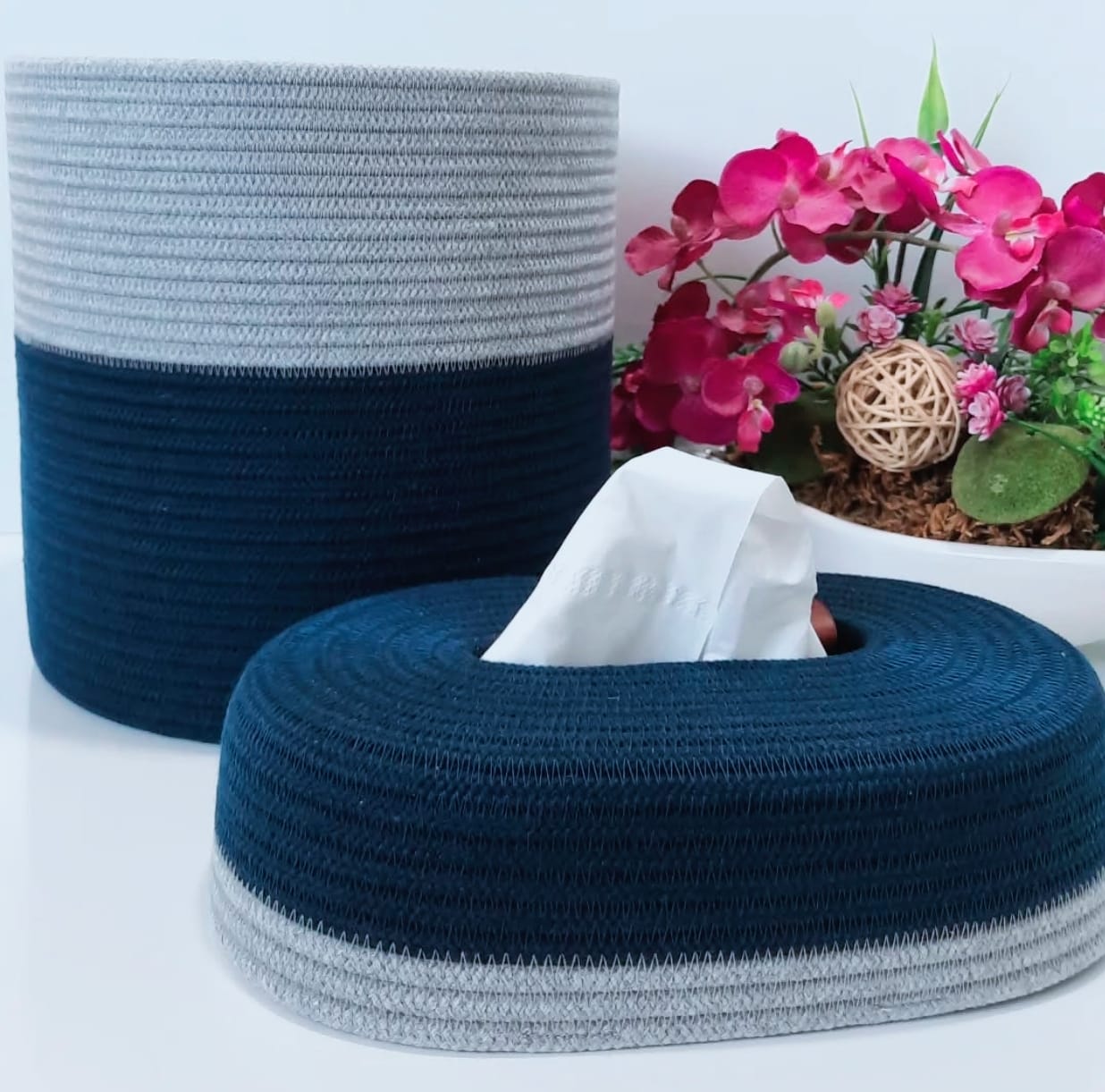 braided blue set of basket & tissue box braided blue set of basket & tissue box
