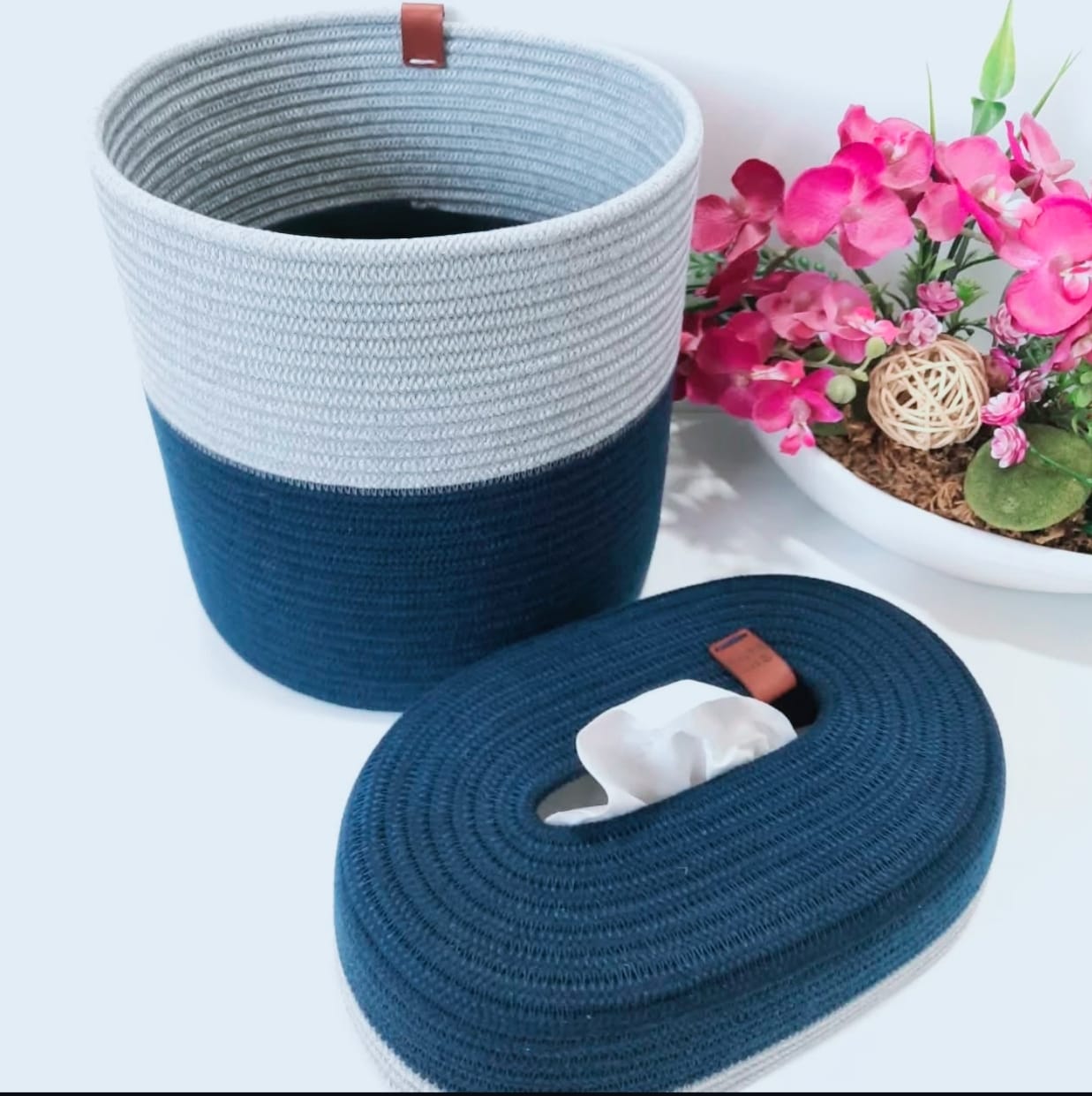 braided blue set of basket & tissue box braided blue set of basket & tissue box