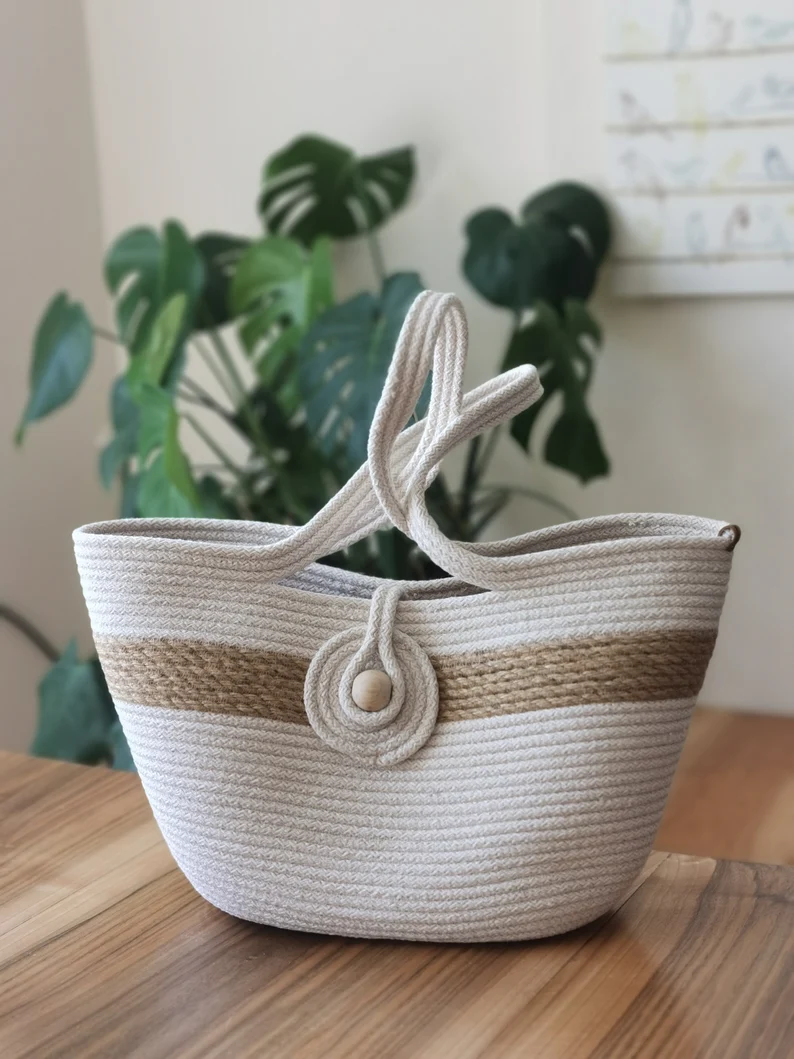 beige eco & friendly handmade jute bag women's tote shoulder bag with rope handles beige eco & friendly handmade jute bag women's tote shoulder bag with rope handles