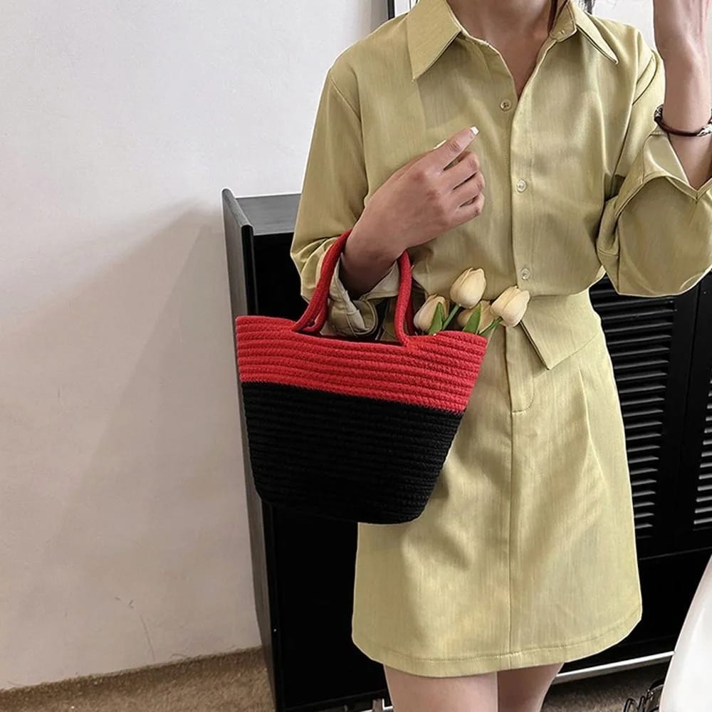 handbag with black and red color with eco friendly threads stylish look for outdoor use some personal storage bag with small handle cotton bag kitty parties women trendy look for all occasions