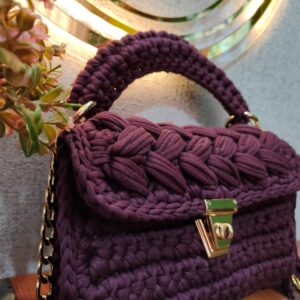 hand knitted swivel clasps snap hook crochet bag in dark purple