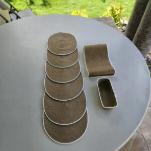 cotton rope/ jute /small dry grass/natural cane/chic dry grass bag/woven boho farmhouse table /kichen décor/washable and handmade rustic table/cotton rope table runner/placemat natrual burlap farmhouse coster for drink/dining kitchen desk décor white beige.