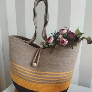 bantrick yellow & beige mix eco friendly handmade jute tote bag